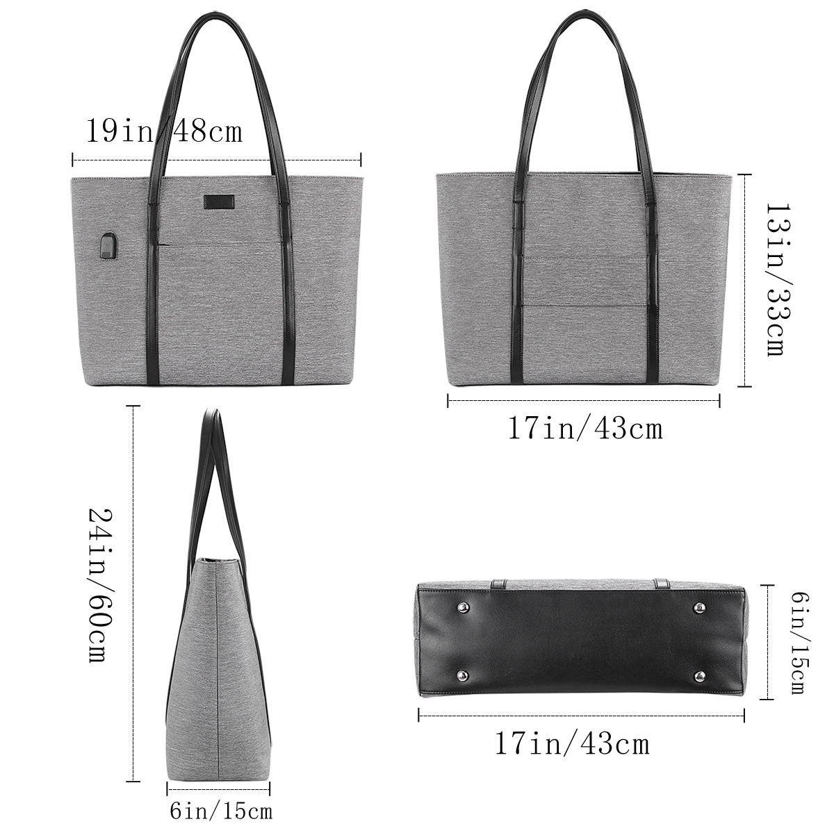 Grey tote bag with dimensions