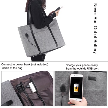 USB port on grey tote bag to charge your smartphone or iPad